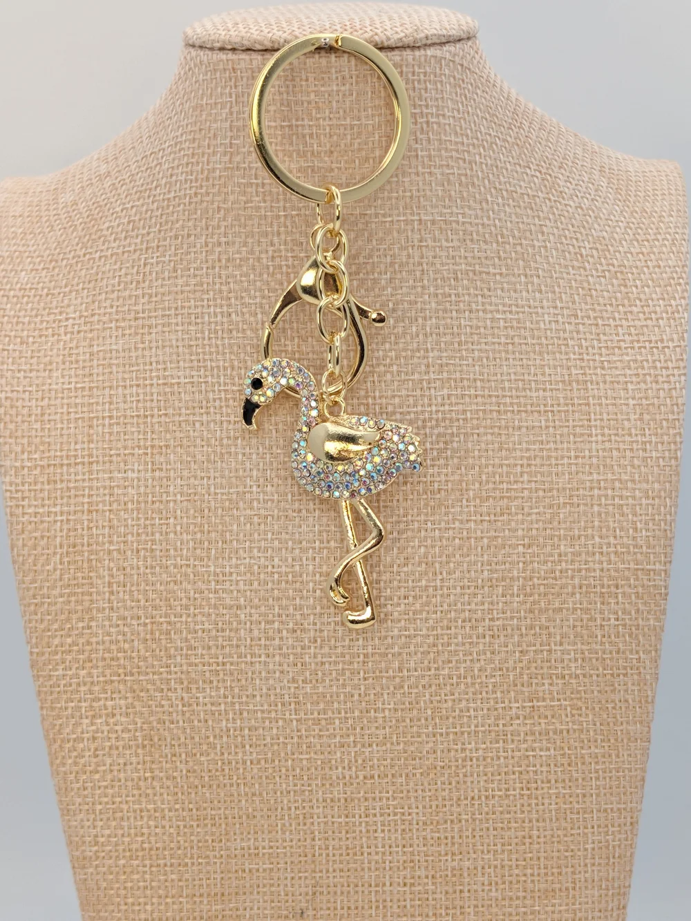 Gold Tone Iridescent Rhinestones Flamingo Keychain Bag Charm